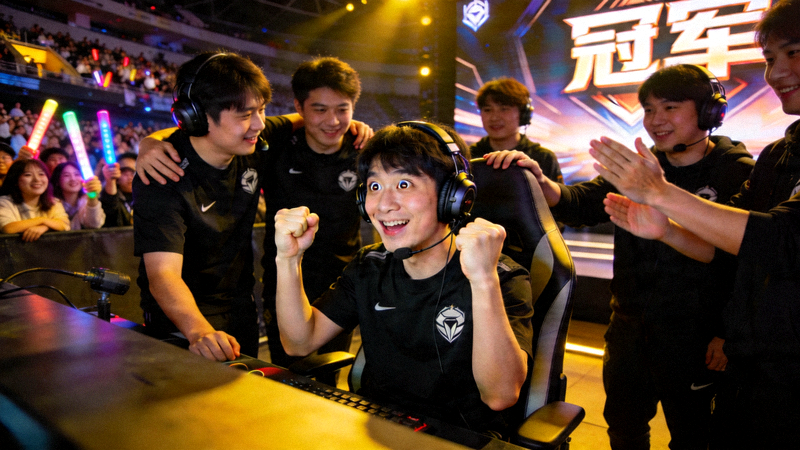 电竞比赛决赛中选手夺冠后激动庆祝的场景