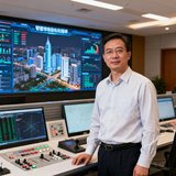 一位三十五岁左右的男性政府信息化部门主任，穿着浅色衬衫，站在智慧城市指挥中心的操作台前。